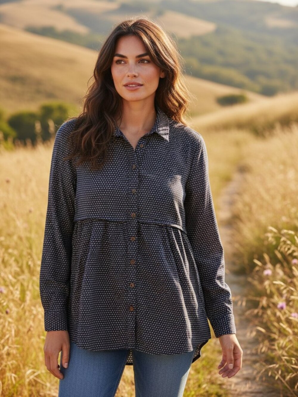 Maeve Anthropologie Navy Dot Babydoll Peplum Top Sz S Light Academia country